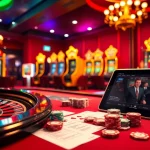 Engaging scene of excitement at vuabai9 casino with roulette wheel and poker table.