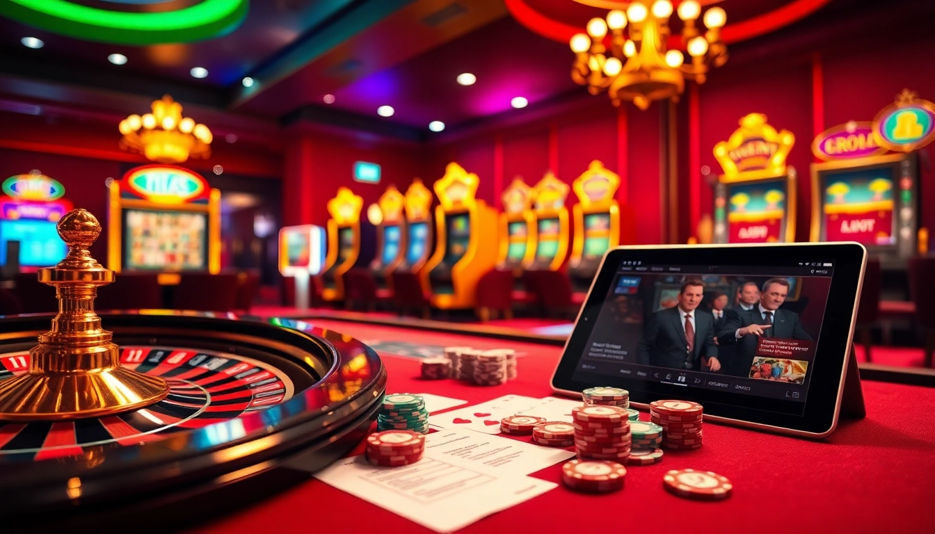 Engaging scene of excitement at vuabai9 casino with roulette wheel and poker table.