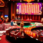 Exciting ambiance at the casino highlighting the luckywin lottery with tables and players.