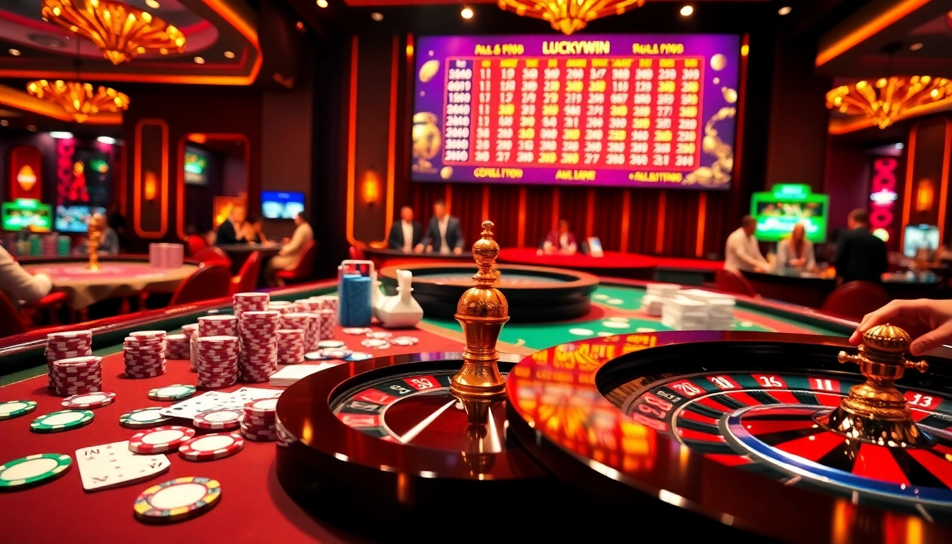 Exciting ambiance at the casino highlighting the luckywin lottery with tables and players.