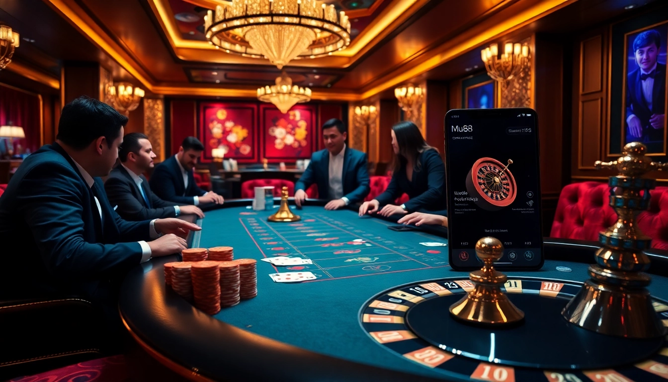 Experience the excitement of the mu88 app in a luxurious casino setting with poker chips and roulette.