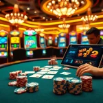 Players engaging in high-stakes poker at https://vn23.sa.com/, featuring vibrant casino elements like chips and cards.