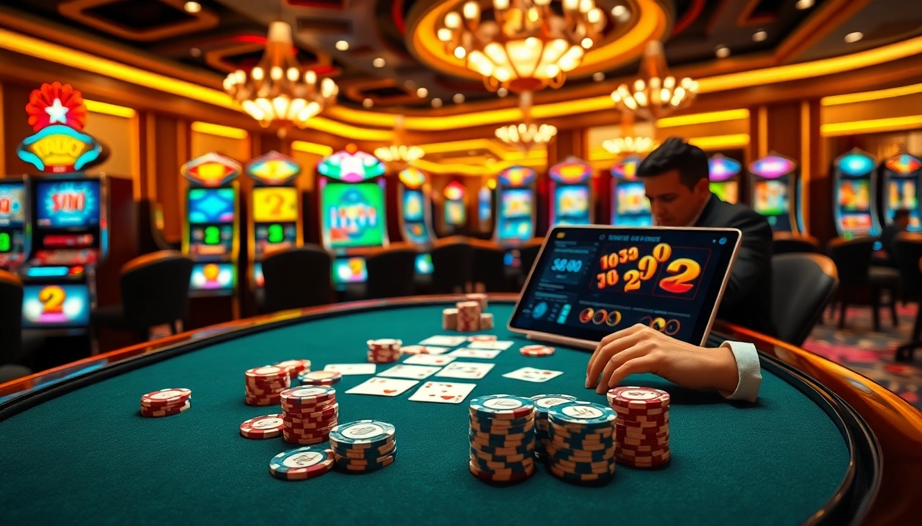 Players engaging in high-stakes poker at https://vn23.sa.com/, featuring vibrant casino elements like chips and cards.