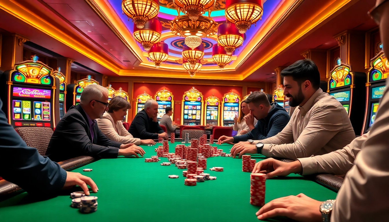 Engaged players at a luxurious poker table showcasing excitement at https://69vn.br.com/ casino scene.