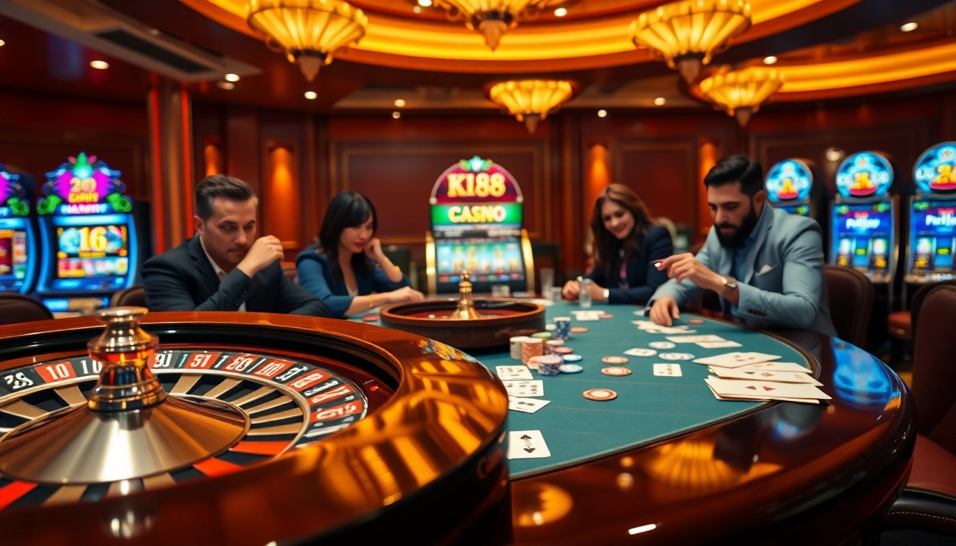 Exciting scene featuring KP 88-themed slot machines and poker action in a lively casino atmosphere.