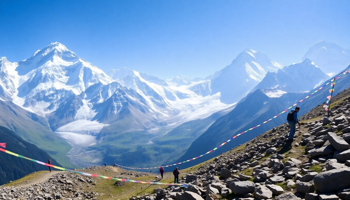 Trekkers on the Everest Base Camp Trek surrounded by towering peaks and colorful prayer flags.