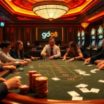 Engaging scene of players at a go8 casino table with colorful chips and cards