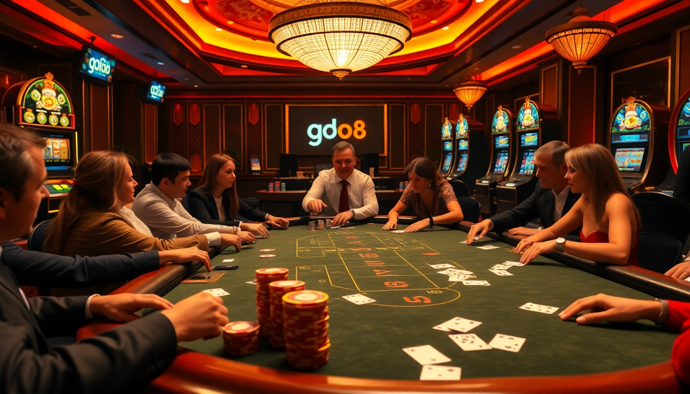 Engaging scene of players at a go8 casino table with colorful chips and cards