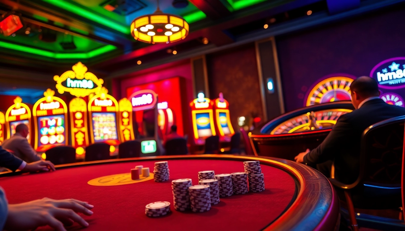 Feel the thrill of casino gaming with hm88 at a vibrant poker table filled with chips and excitement.