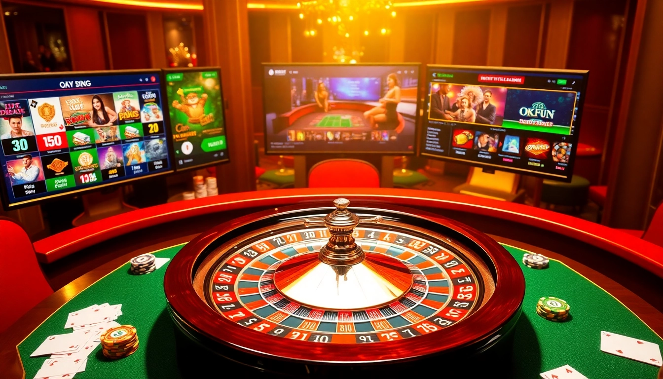 Experience the thrill of OKFUN đăng ký with a luxurious casino scene featuring roulette and poker elements.