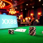 Experience excitement at the XX88.PRO gaming table with vibrant poker chips and cards.