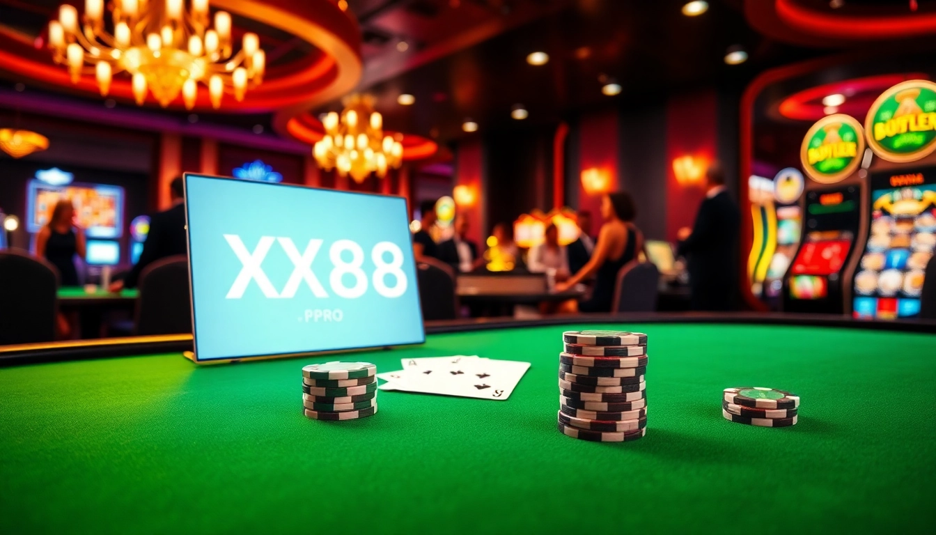 Experience excitement at the XX88.PRO gaming table with vibrant poker chips and cards.