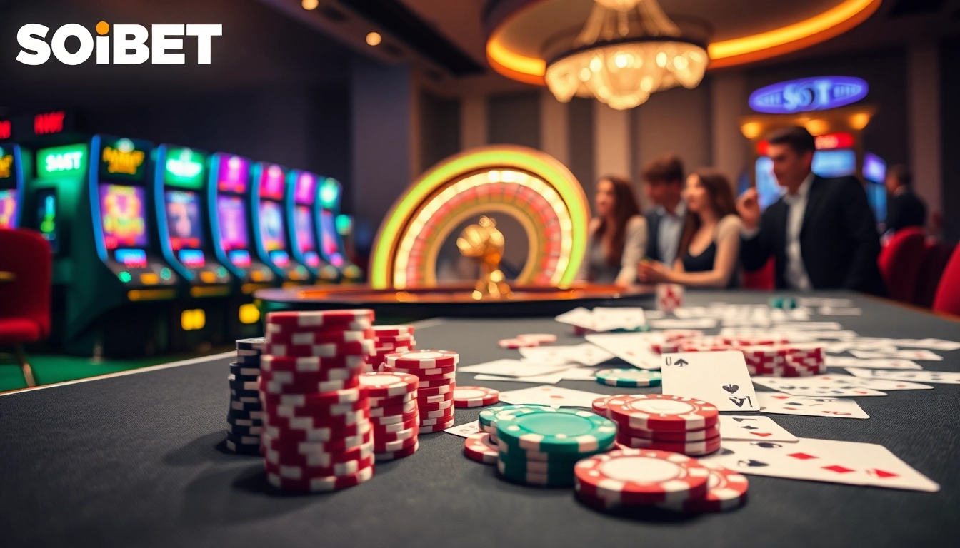 Players enjoying the thrill of online gambling at SOIBET casino, with cards, chips, and roulette wheel in view.