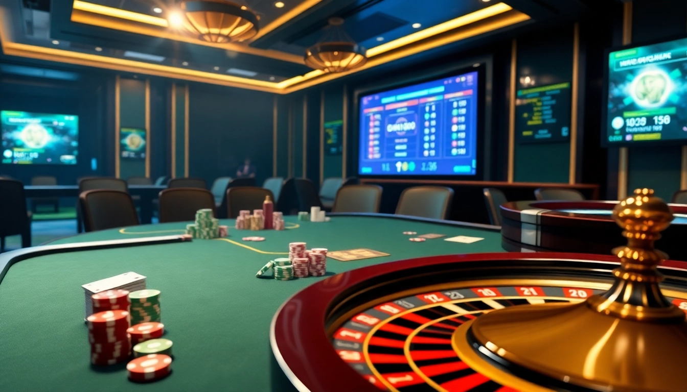Playing tài xỉu md5 in a vibrant casino setting with poker chips and dice.
