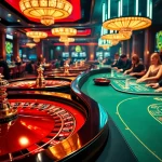 Experience thrilling gameplay with pub88 in a luxurious casino ambiance featuring roulette and poker tables.