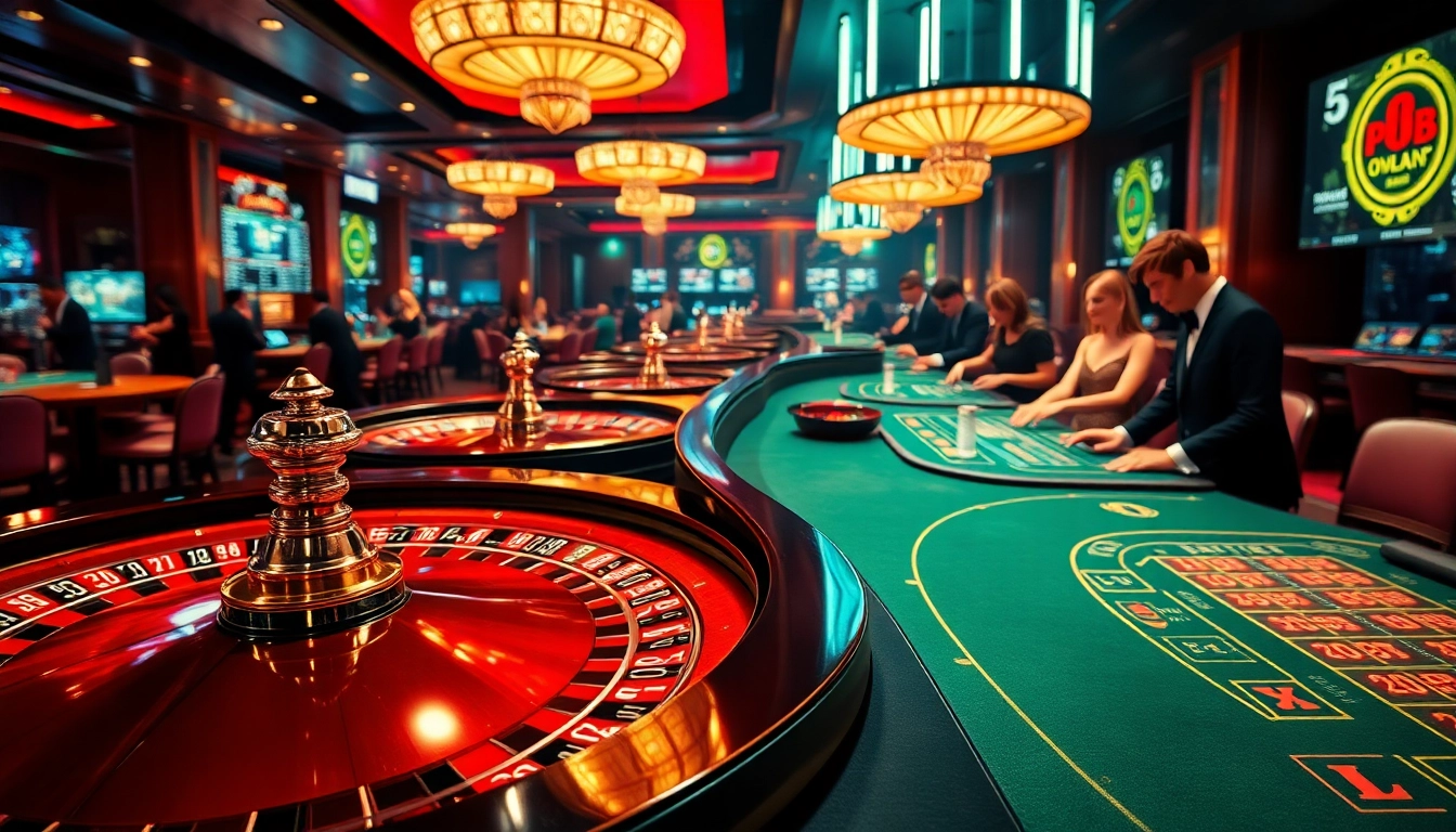 Experience thrilling gameplay with pub88 in a luxurious casino ambiance featuring roulette and poker tables.