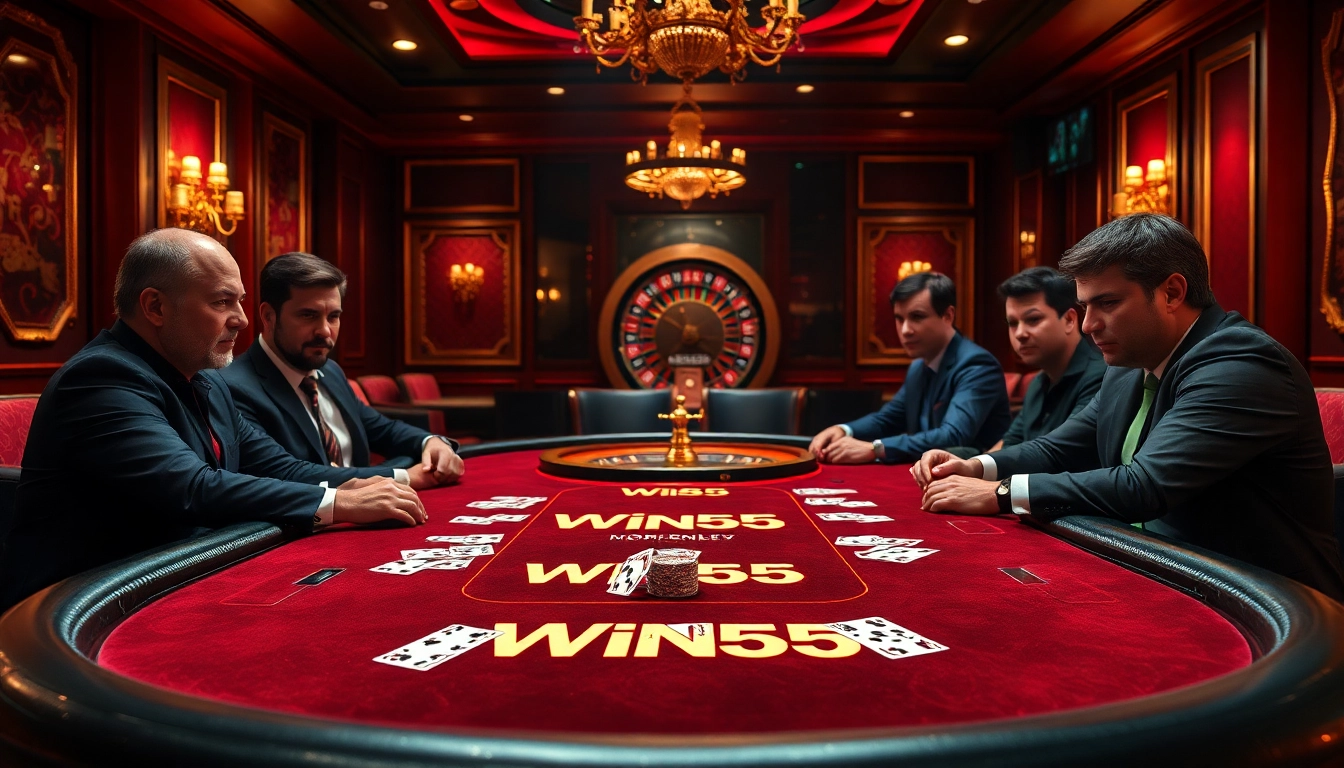Win55 poker table brimming with excitement as players engage in high-stakes poker.