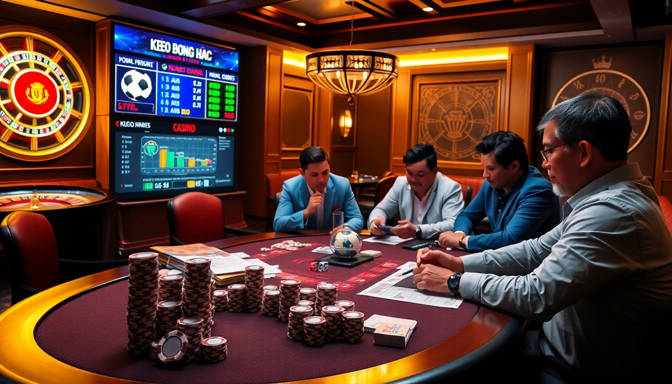 Kèo bóng đá betting action at a lively casino table showcasing soccer odds and engaged gamblers.