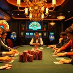 Players strategizing at a win55 poker table, surrounded by vibrant casino elements.