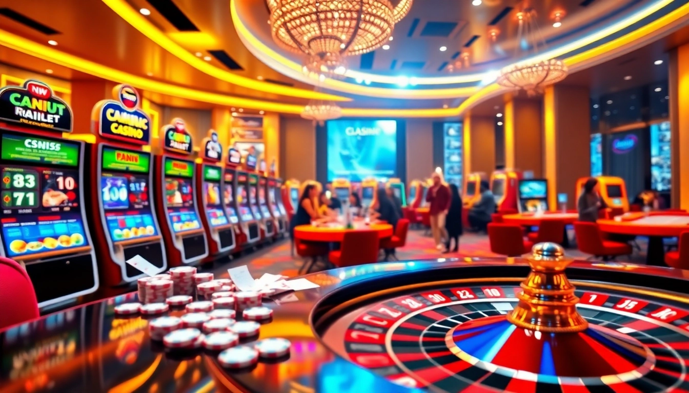 Experience the excitement of casino gaming at Luckywin with vibrant slot machines and poker chips.
