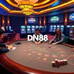 Experience the excitement of DN88 at a luxurious casino table with vibrant slot machines.