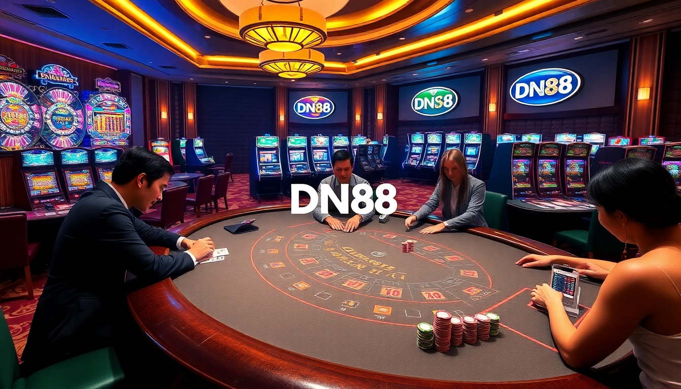 Experience the excitement of DN88 at a luxurious casino table with vibrant slot machines.