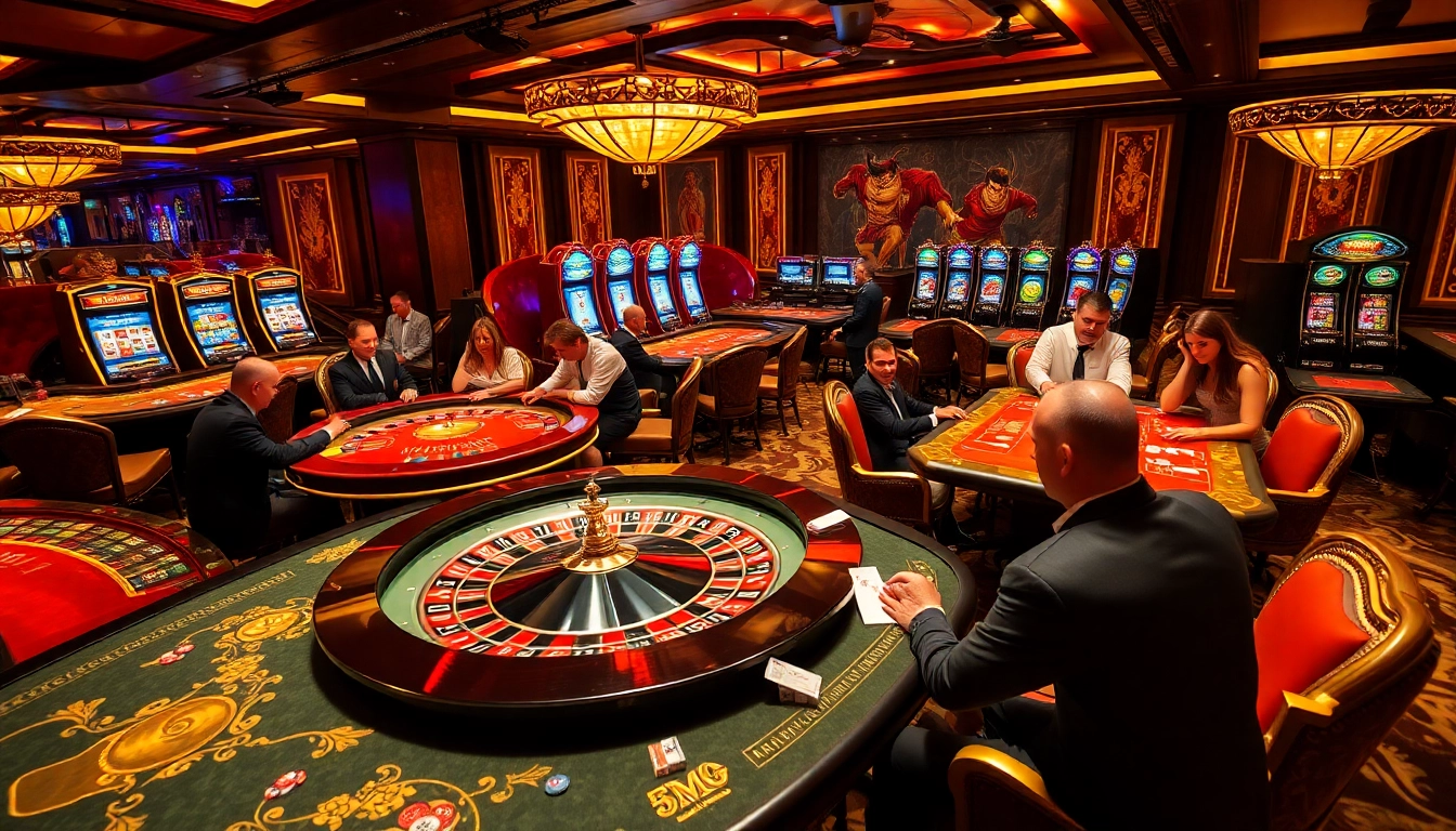 Exciting casino scene featuring gamblers engaging with 7M gaming tables and roulette.