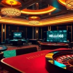 HELLO88 casino environment featuring vibrant tables, poker chips, and a roulette wheel.