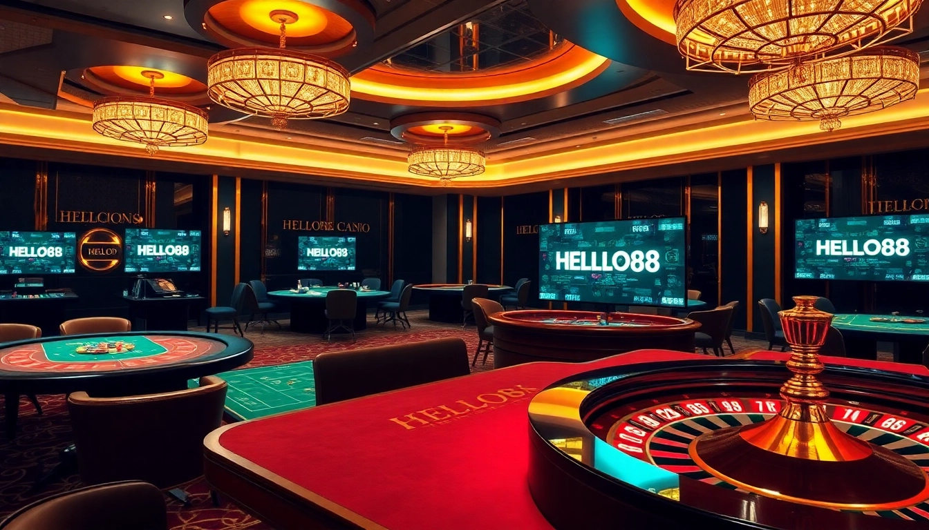 HELLO88 casino environment featuring vibrant tables, poker chips, and a roulette wheel.