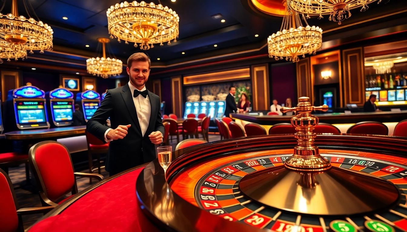 Experience the excitement of gambling at https://okwin.blog/ with a vibrant casino scene featuring roulette and slot machines.