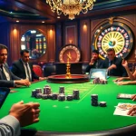 Excited gamblers at a luxurious table game featuring 32win chips and cards.