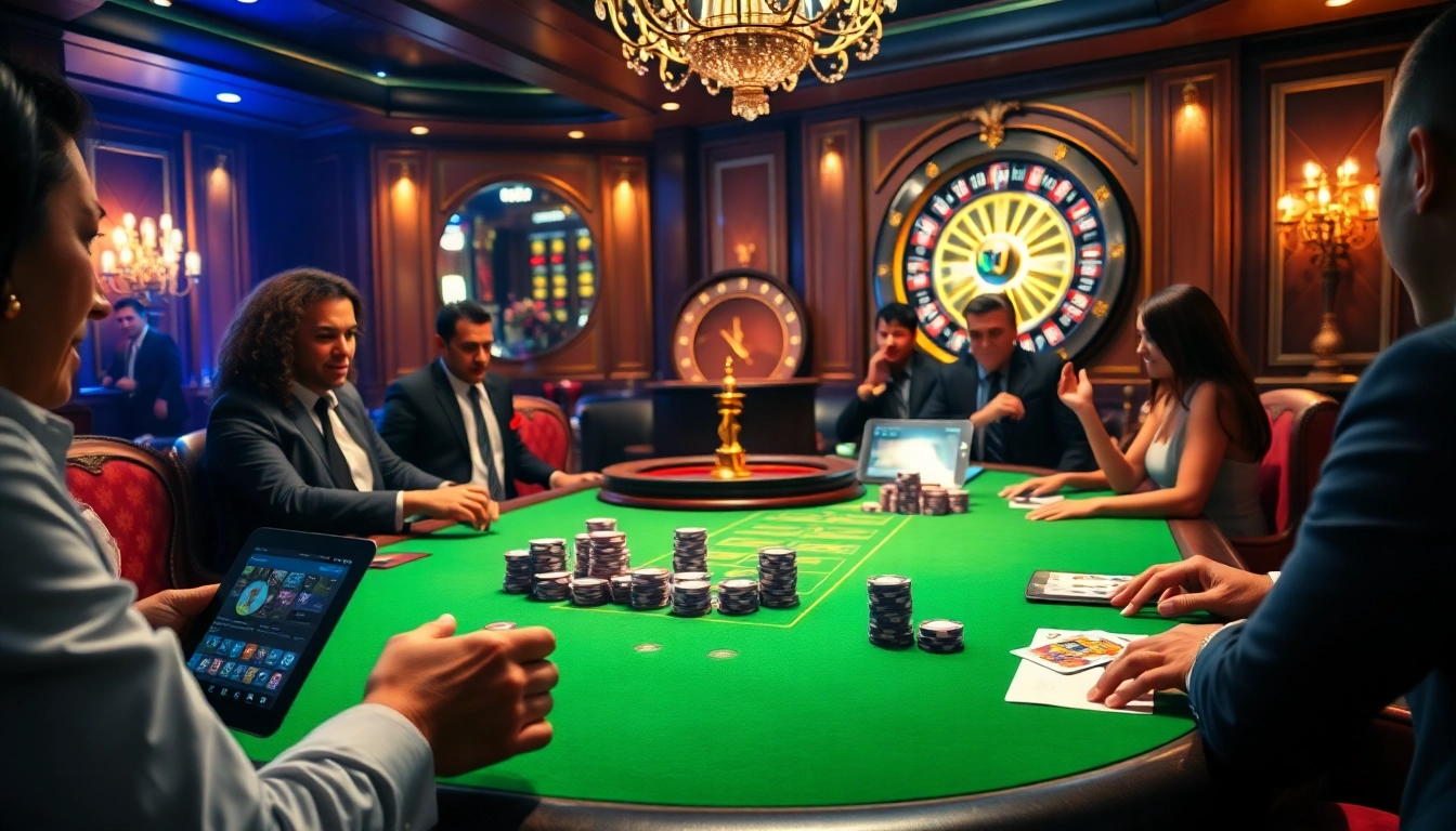 Excited gamblers at a luxurious table game featuring 32win chips and cards.