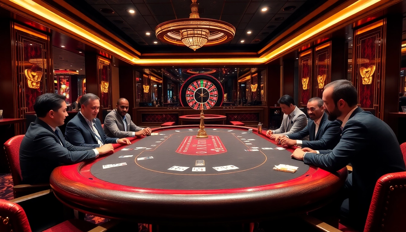 Players enjoying an exhilarating poker game at UU88 casino, surrounded by luxury and excitement.