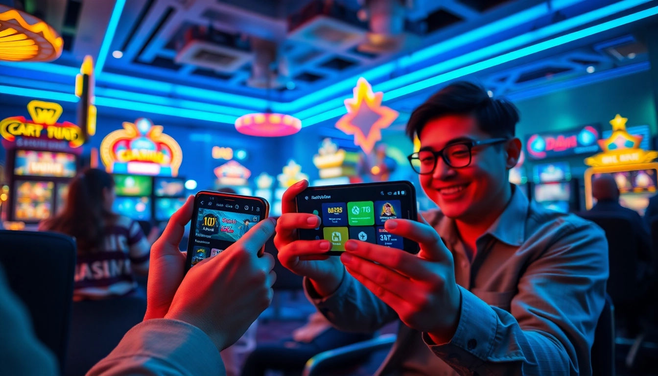 Players enjoying DA88's online casino experience with vibrant graphics and mobile app accessibility.