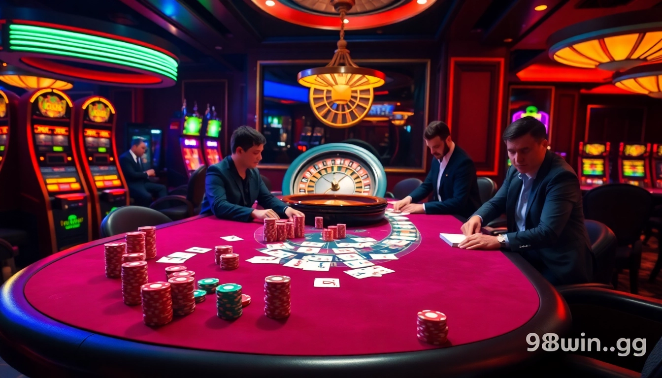 Engaged gamblers strategizing at a vibrant poker table showcasing 98win.gg elements.