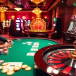 Players engaging at a luxury casino with 88i themed décor, highlighting poker and roulette tables.