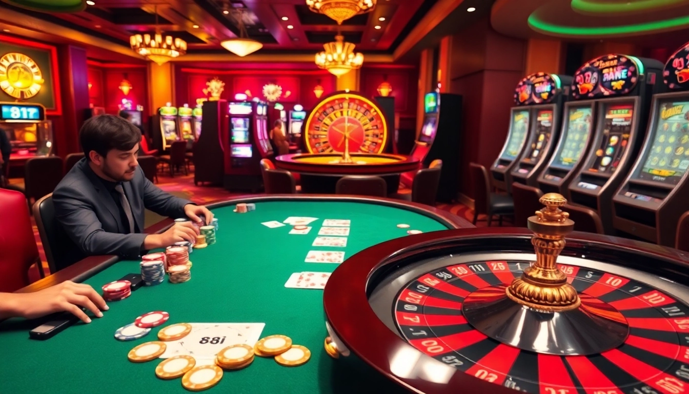 Players engaging at a luxury casino with 88i themed décor, highlighting poker and roulette tables.