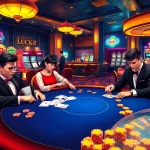 Experience the excitement of LUCK8 with players engaging in high-stakes poker amidst a glamorous casino setting.