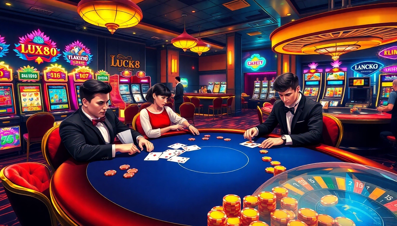 Experience the excitement of LUCK8 with players engaging in high-stakes poker amidst a glamorous casino setting.