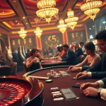 Engaged gamblers strategize with KK55 poker chips and betting slips in a luxurious casino.
