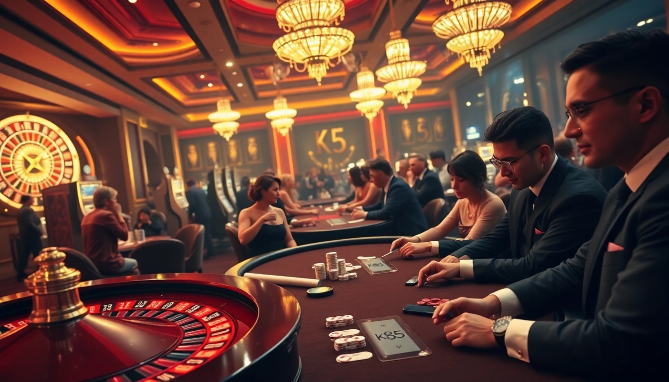 Engaged gamblers strategize with KK55 poker chips and betting slips in a luxurious casino.