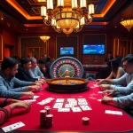 Exciting scene of players engaged in a game bài at a vibrant casino table filled with chips and cards.