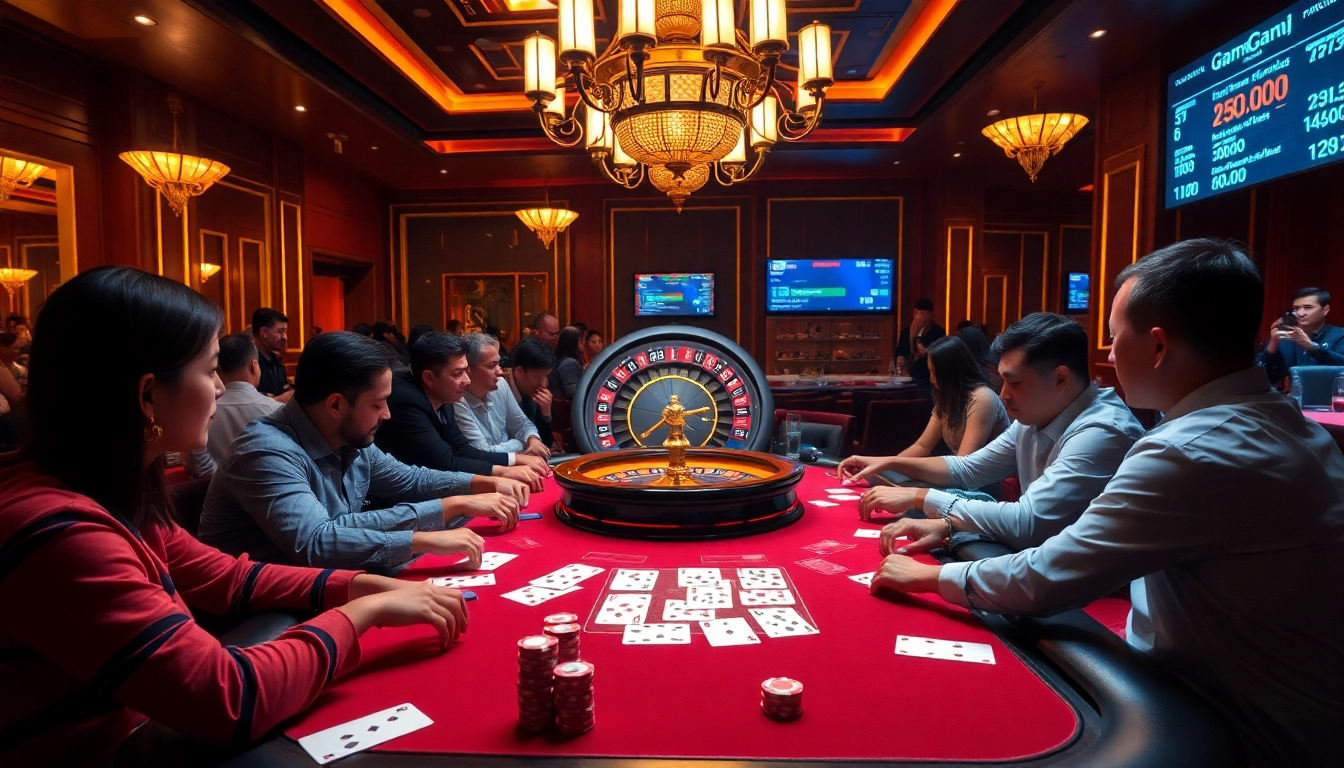 Exciting scene of players engaged in a game bài at a vibrant casino table filled with chips and cards.