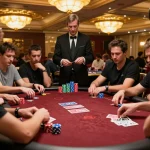 Fly88 players strategizing at a high-stakes poker table in a luxury casino.