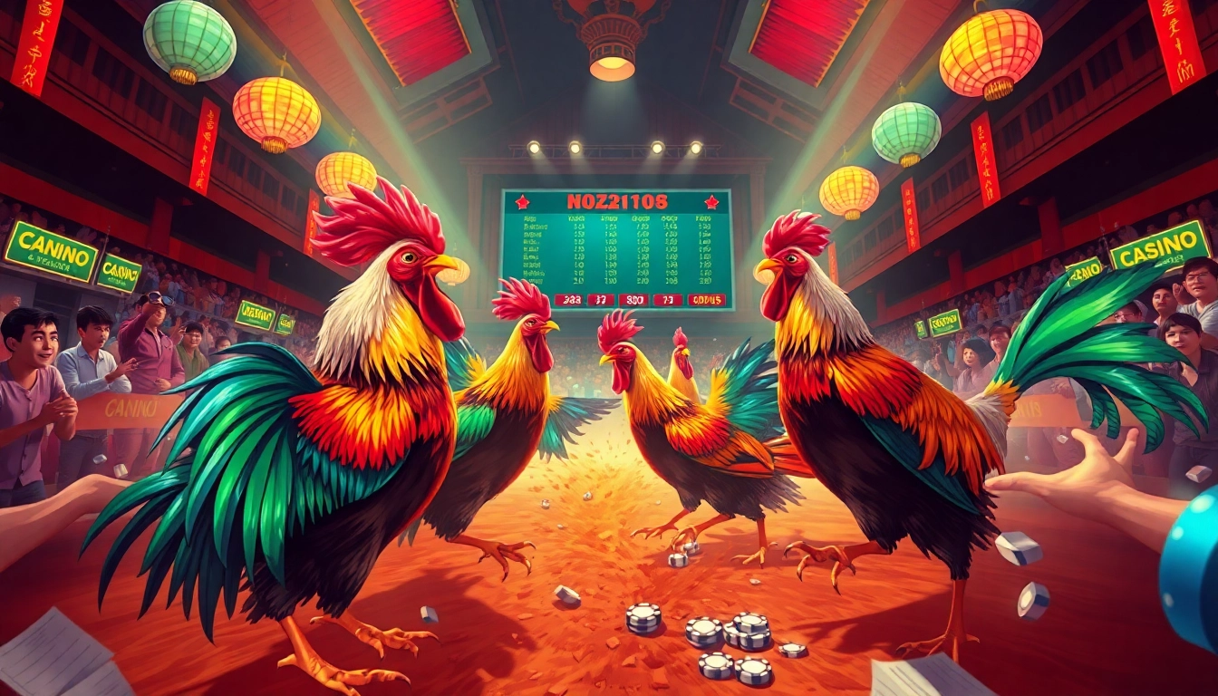 Betting on đá gà trực tiếp with enthusiastic spectators and vibrant roosters in a lively arena