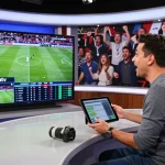 Cakhiatv live football match discussion in a vibrant TV studio with excited hosts and sports analytics.
