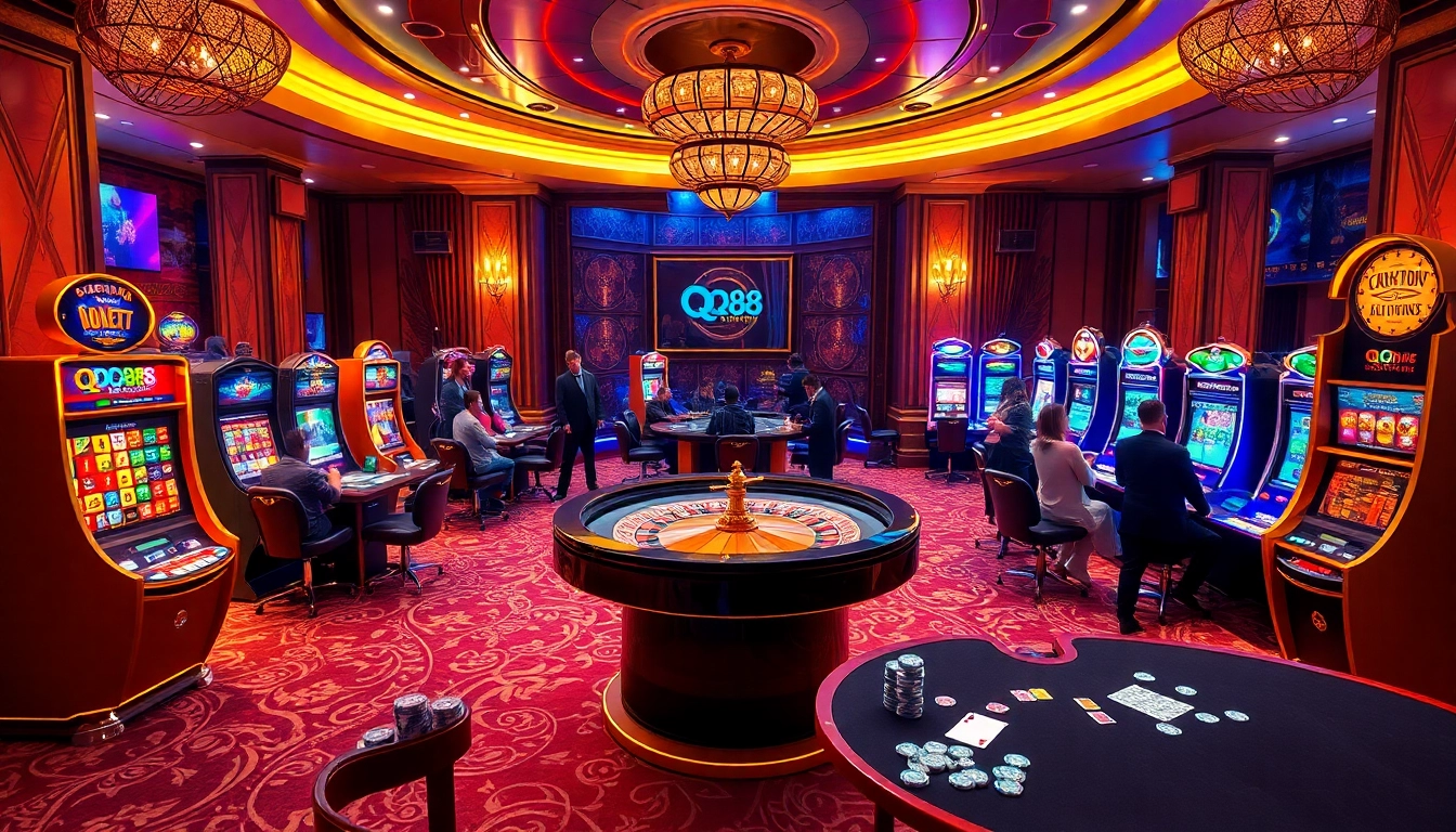 Experience the excitement of QQ88 with a dynamic casino scene featuring roulette and poker.