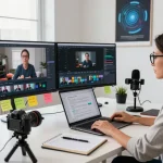 Creation of detailed video to prompt descriptions in a modern workspace with advanced technology.