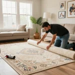 Residential carpet installation in a cozy living room setting with professional installer working.