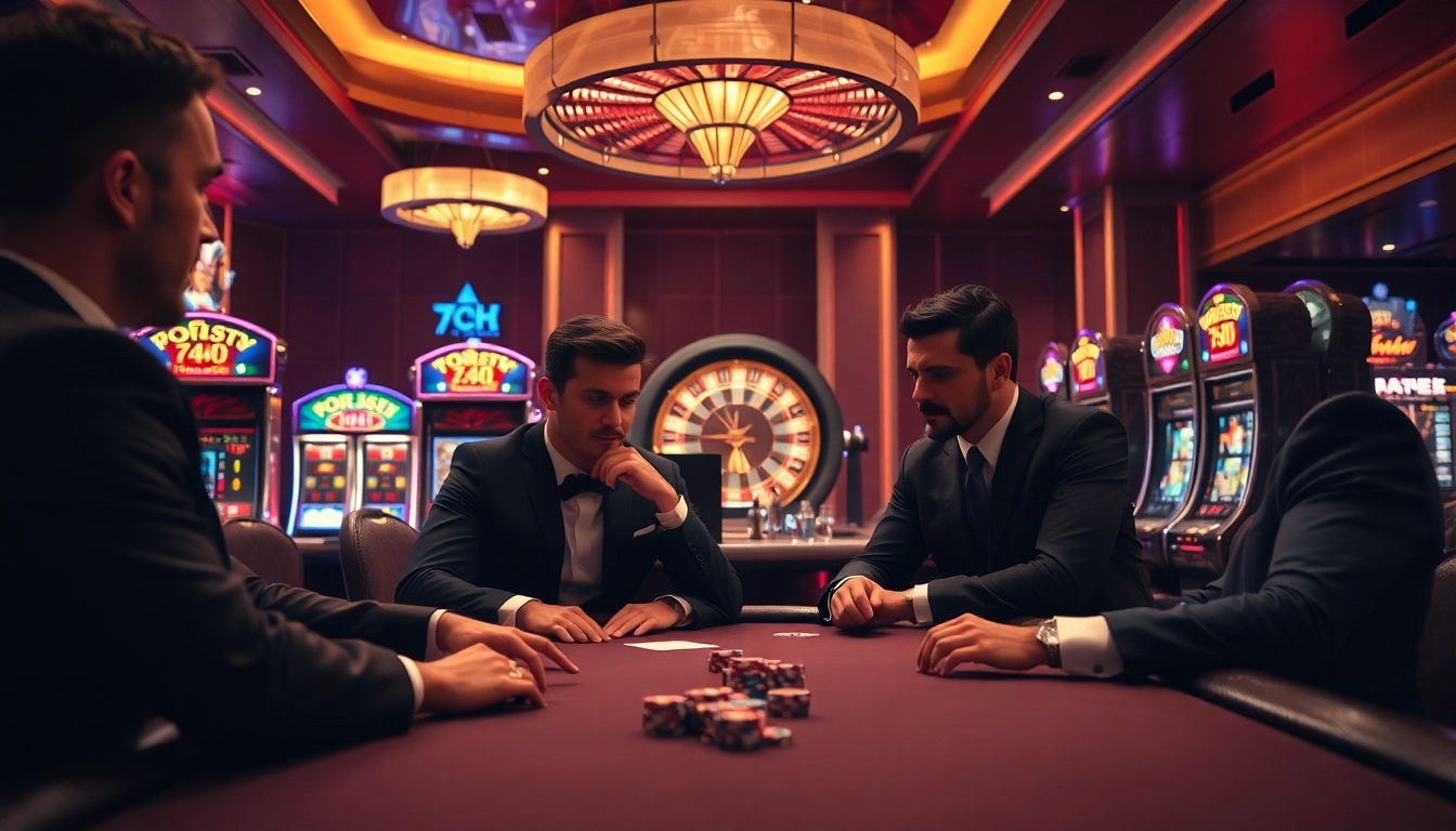 Exciting gambling scene at Página inicial 7HH showcasing poker, slot machines, and roulette wheel.